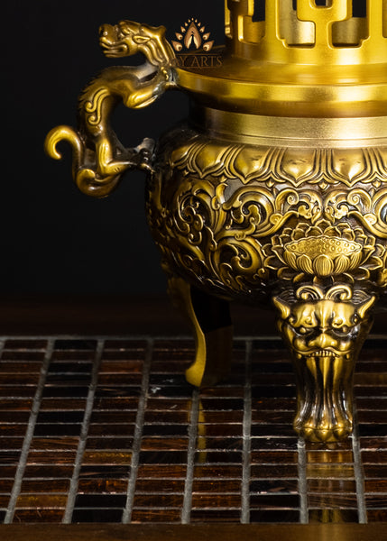 13" Chinese Temple Style Incense Burner with Dragon Handles & Pagoda Lid