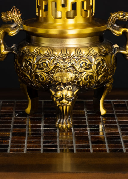 13" Chinese Temple Style Incense Burner with Dragon Handles & Pagoda Lid