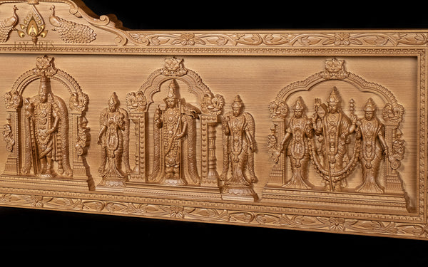 Arupadaiveedu Wood Carving 16"H x 57"W - The Grand Panel of the Six Abodes of Lord Murugan