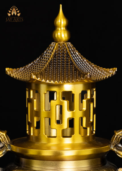 13" Chinese Temple Style Incense Burner with Dragon Handles & Pagoda Lid