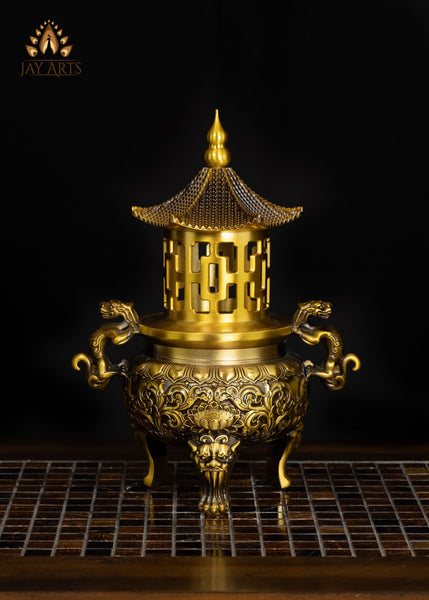 13" Chinese Temple Style Incense Burner with Dragon Handles & Pagoda Lid