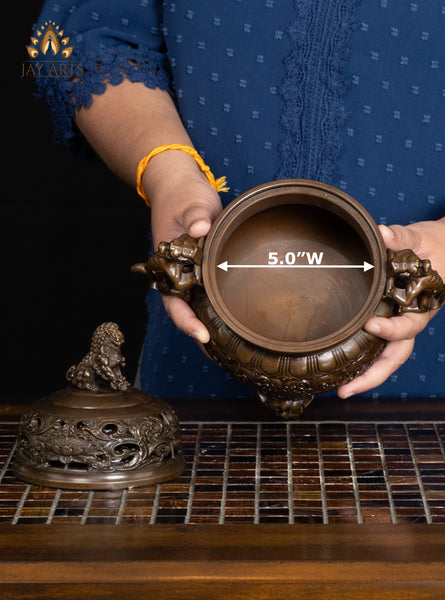 10" Brass Buddhist Incense Burner with Dragon Handles & Lion Legs | Lotus Motif Censer