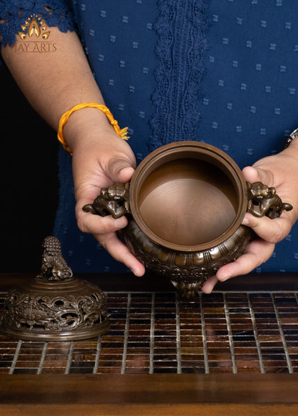 8" Brass Lotus Motif Censer with Dragon Handles & Lion Finial Lid | Buddhist Incense Burner