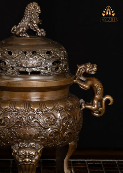 10" Brass Buddhist Incense Burner with Dragon Handles & Lion Legs | Lotus Motif Censer