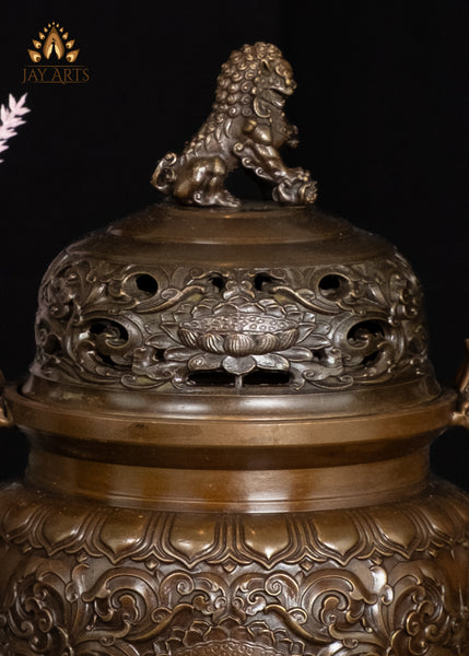10" Brass Buddhist Incense Burner with Dragon Handles & Lion Legs | Lotus Motif Censer