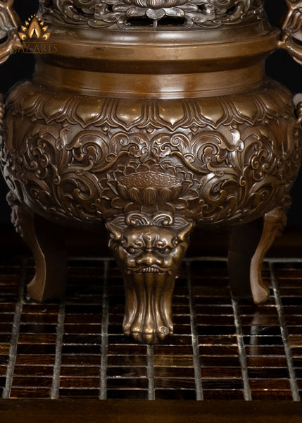 10" Brass Buddhist Incense Burner with Dragon Handles & Lion Legs | Lotus Motif Censer