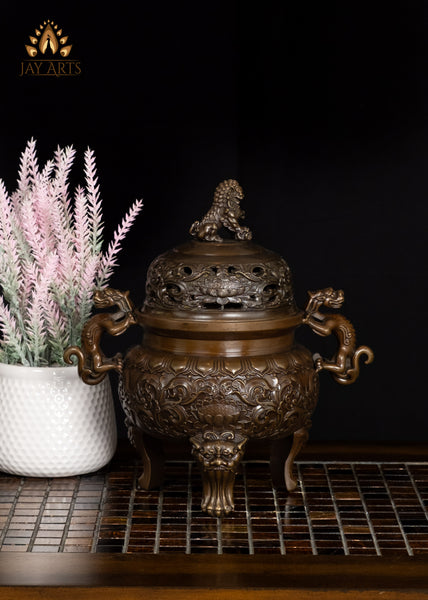 10" Brass Buddhist Incense Burner with Dragon Handles & Lion Legs | Lotus Motif Censer