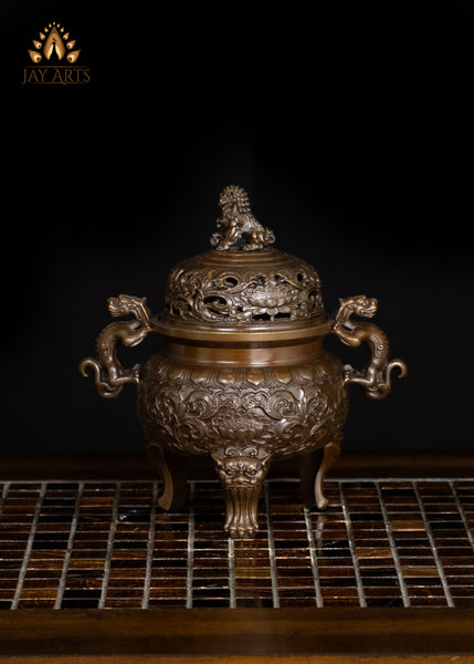 8" Brass Lotus Motif Censer with Dragon Handles & Lion Finial Lid | Buddhist Incense Burner