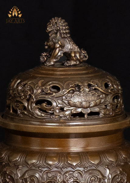 8" Brass Lotus Motif Censer with Dragon Handles & Lion Finial Lid | Buddhist Incense Burner