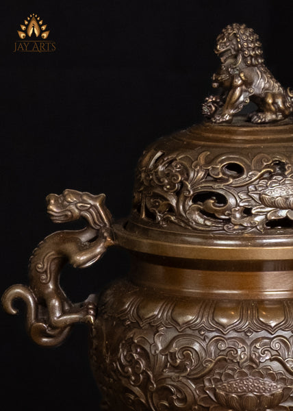 8" Brass Lotus Motif Censer with Dragon Handles & Lion Finial Lid | Buddhist Incense Burner