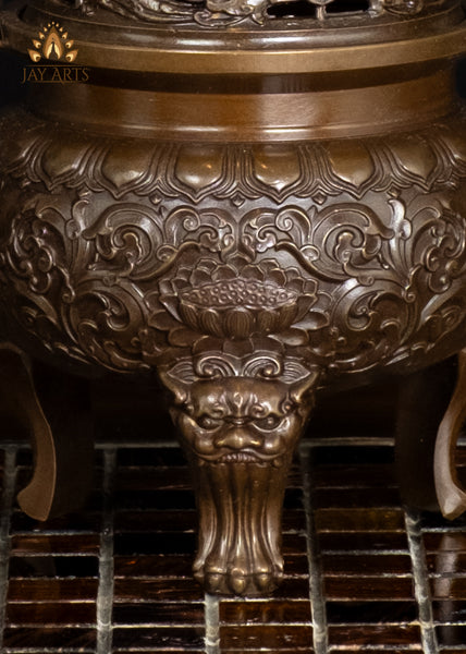 8" Brass Lotus Motif Censer with Dragon Handles & Lion Finial Lid | Buddhist Incense Burner