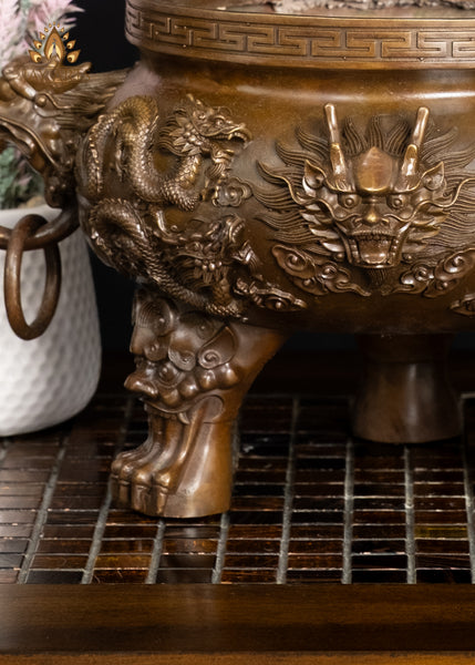 13" Brass Dragon Incense Burner with Intricate Detailing & Ring Handles | Lost-wax Casting