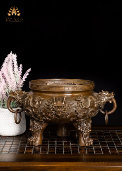 13" Brass Dragon Incense Burner with Intricate Detailing & Ring Handles | Lost-wax Casting