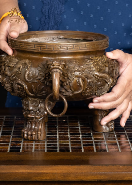 13" Brass Dragon Incense Burner with Intricate Detailing & Ring Handles | Lost-wax Casting