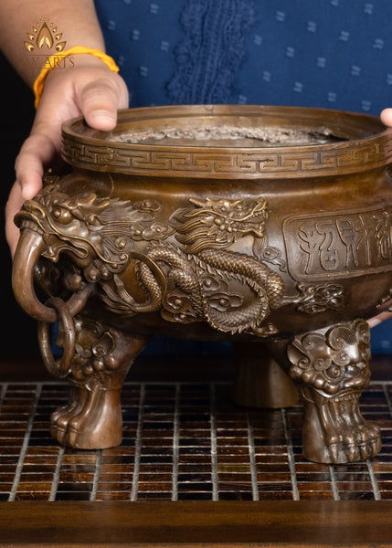 13" Brass Dragon Incense Burner with Intricate Detailing & Ring Handles | Lost-wax Casting
