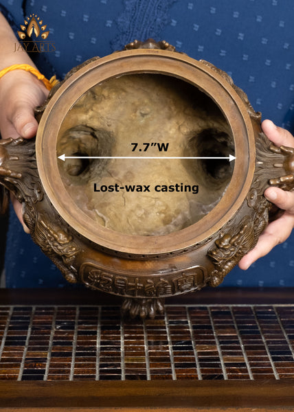13" Brass Dragon Incense Burner with Intricate Detailing & Ring Handles | Lost-wax Casting