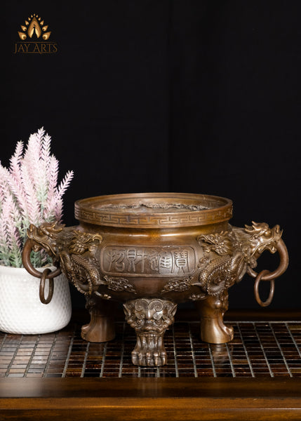 13" Brass Dragon Incense Burner with Intricate Detailing & Ring Handles | Lost-wax Casting