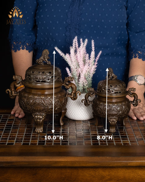 10" Brass Buddhist Incense Burner with Dragon Handles & Lion Legs | Lotus Motif Censer