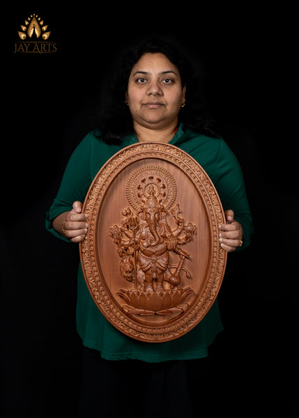 Shuba Drishti Ganapathi 20"H x 14"W - Kan Drishti Pillayar Wood Carving - Oval Wall Panel