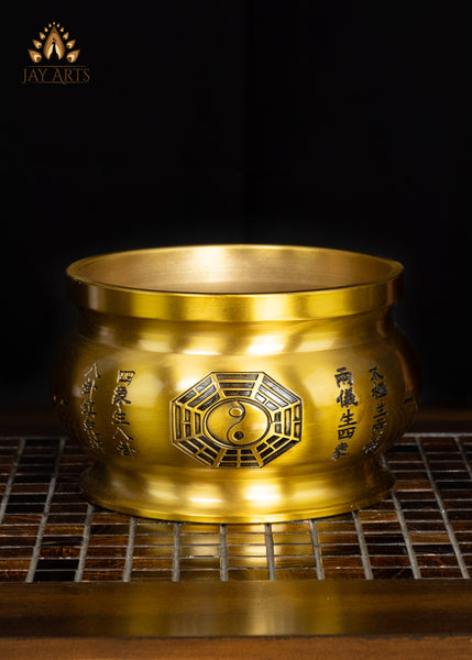7" Chinese Brass Yin-Yang & Bagua Censer in Golden Yellow Finish