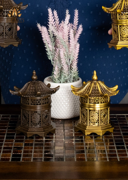 5" Pagoda-Style Brass Buddhist Incense Burner with Ornate Lid