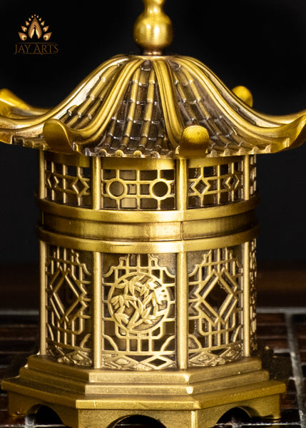 5" Pagoda-Style Brass Buddhist Incense Burner with Ornate Lid