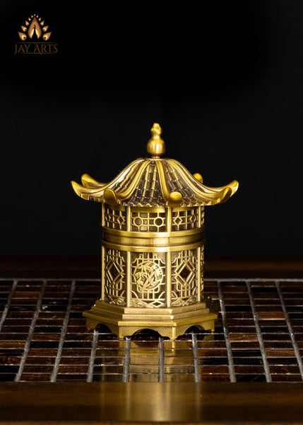 5" Pagoda-Style Brass Buddhist Incense Burner with Ornate Lid