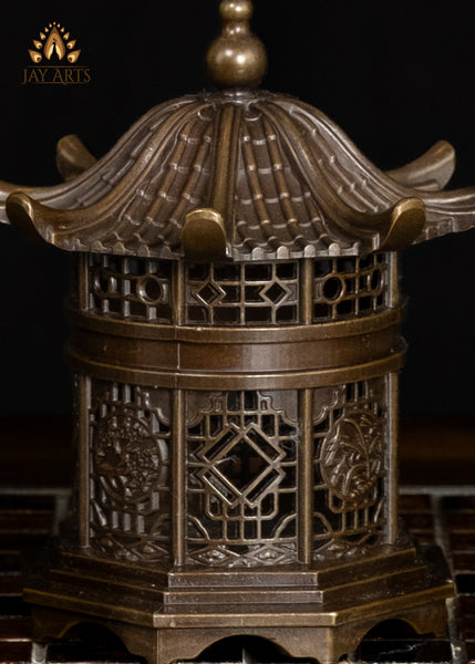 5" Pagoda-Style Brass Buddhist Incense Burner with Ornate Lid