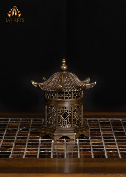 5" Pagoda-Style Brass Buddhist Incense Burner with Ornate Lid