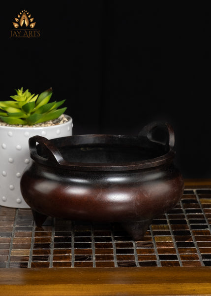 6" Antique Brown Brass Buddhist Incense Burner with Loop Handles