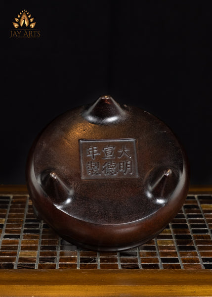 6" Antique Brown Brass Buddhist Incense Burner with Loop Handles