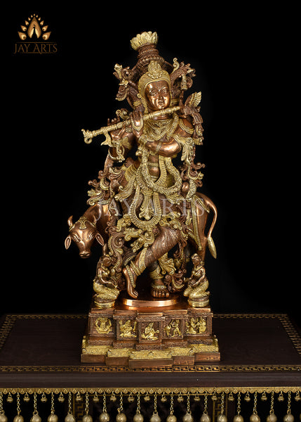 28” Lord Venugopala with a Cow - A Resplendent Statue of Lord Krishna