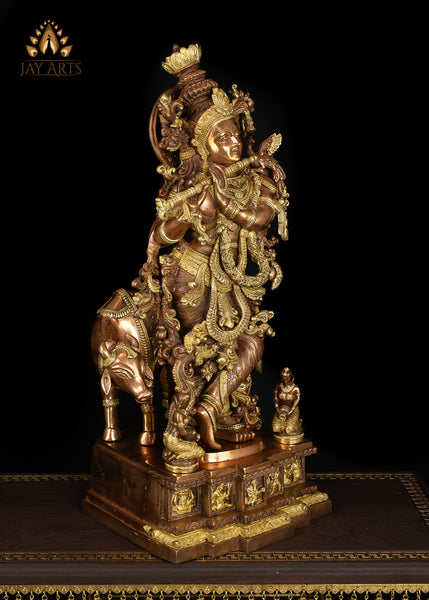 28” Lord Venugopala with a Cow - A Resplendent Statue of Lord Krishna