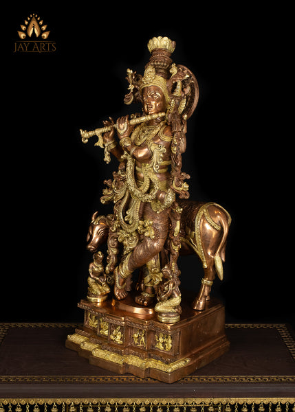 28” Lord Venugopala with a Cow - A Resplendent Statue of Lord Krishna