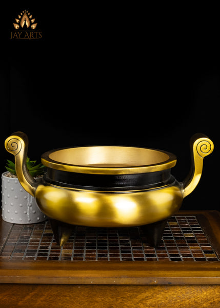 8" Brass Incense Burner with Raised Swan-Neck Handles | Handcrafted Buddhist Censer