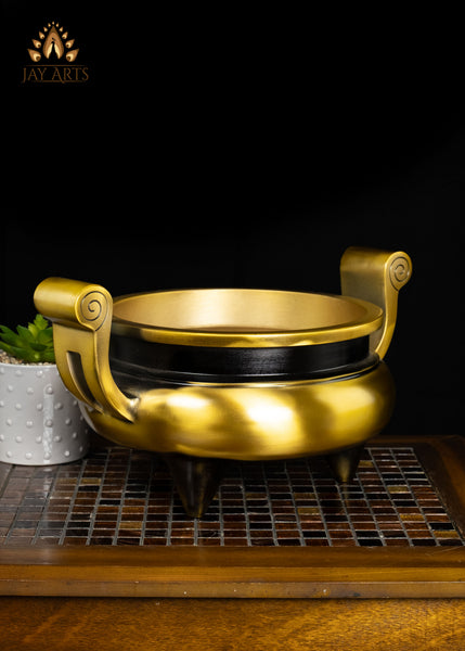 8" Brass Incense Burner with Raised Swan-Neck Handles | Handcrafted Buddhist Censer