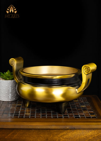 8" Brass Incense Burner with Raised Swan-Neck Handles | Handcrafted Buddhist Censer