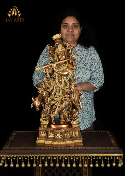 28” Lord Venugopala with a Cow - A Resplendent Statue of Lord Krishna