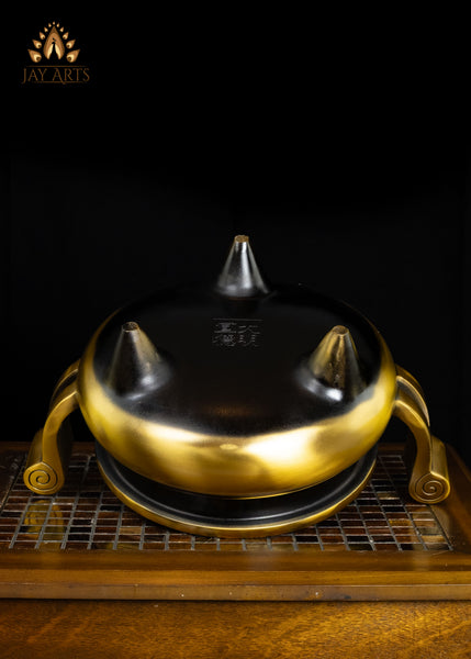 8" Brass Incense Burner with Raised Swan-Neck Handles | Handcrafted Buddhist Censer