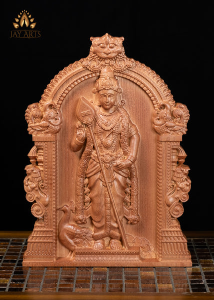 13" Murugan Wood Carving Wall Panel with Peacock & Temple Style Arch