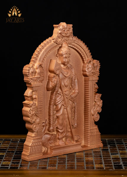 13" Murugan Wood Carving Wall Panel with Peacock & Temple Style Arch