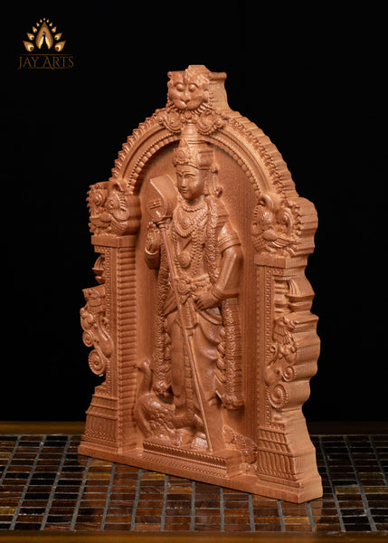 13" Murugan Wood Carving Wall Panel with Peacock & Temple Style Arch