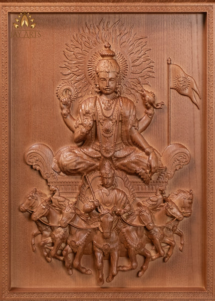 16" Surya Sun God Wood Carving with Seven Horses & Aruna | Hindu Art Wall Panel