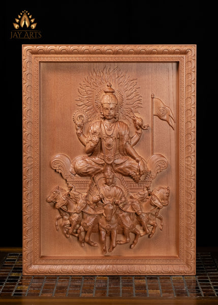 16" Surya Sun God Wood Carving with Seven Horses & Aruna | Hindu Art Wall Panel