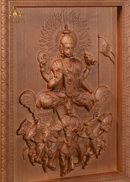 16" Surya Sun God Wood Carving with Seven Horses & Aruna | Hindu Art Wall Panel