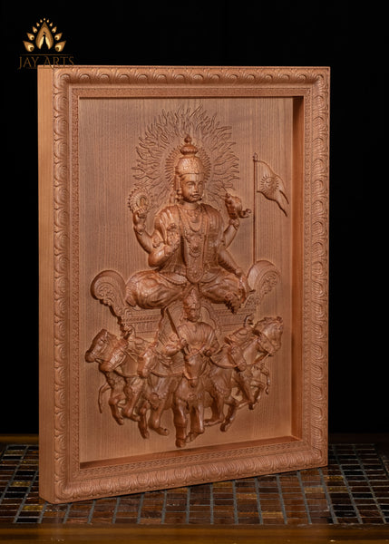 16" Surya Sun God Wood Carving with Seven Horses & Aruna | Hindu Art Wall Panel