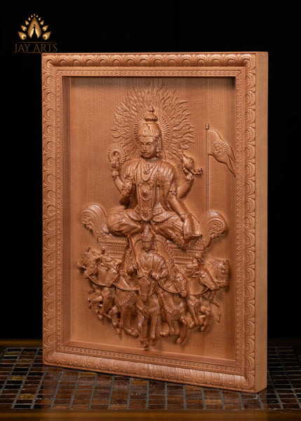 16" Surya Sun God Wood Carving with Seven Horses & Aruna | Hindu Art Wall Panel