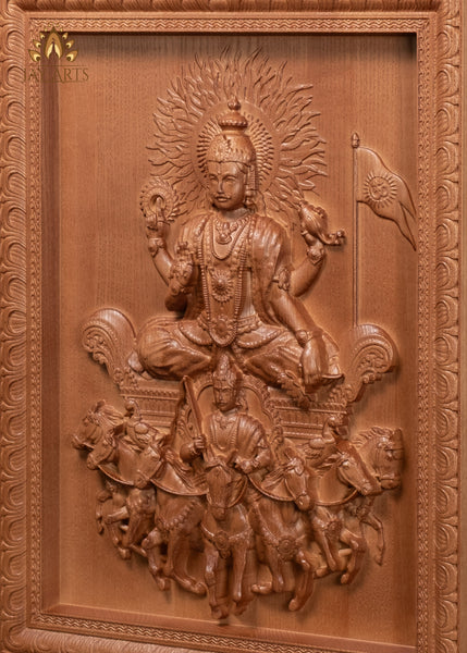 16" Surya Sun God Wood Carving with Seven Horses & Aruna | Hindu Art Wall Panel