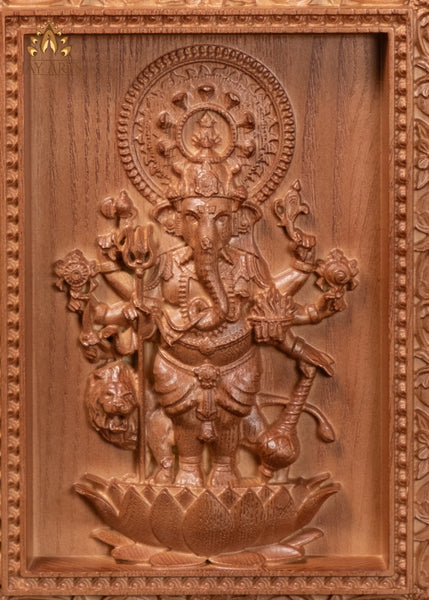 9" Drishti Ganapathi Wood Carving | 8-Armed Ganesha Wall Panel