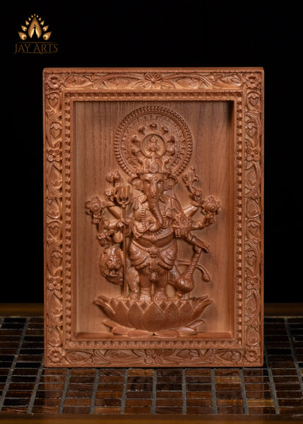 9" Drishti Ganapathi Wood Carving | 8-Armed Ganesha Wall Panel